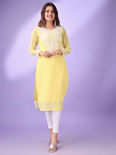 HESVI Women's Georgette White Lakhnavi Chikankari Kurti with Intricate Embroidery Work
