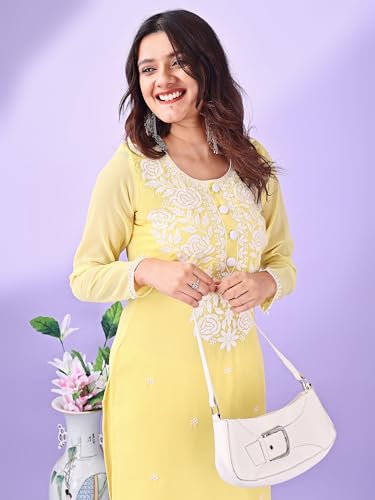 HESVI Women's Georgette White Lakhnavi Chikankari Kurti with Intricate Embroidery Work