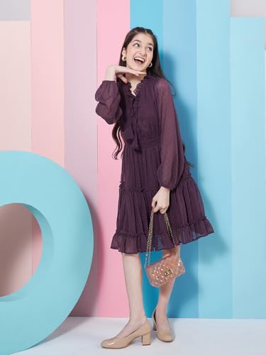 Pspeaches Girl's V-Neck Long Sleeves Chiffon Fit & Flare Dress Purple Color Casual Stylish Wear