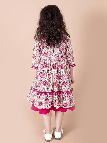 Pspeaches Girls Magenta Floral A-Line Cotton Below The Knee Dress with Attached Shrug