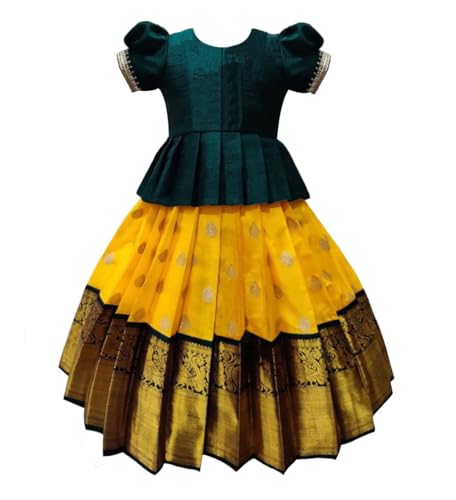 White Button Girls Jacquard New South Indian Traditional Pattu Pavadai Jecquard Readymade Lehenga Choli