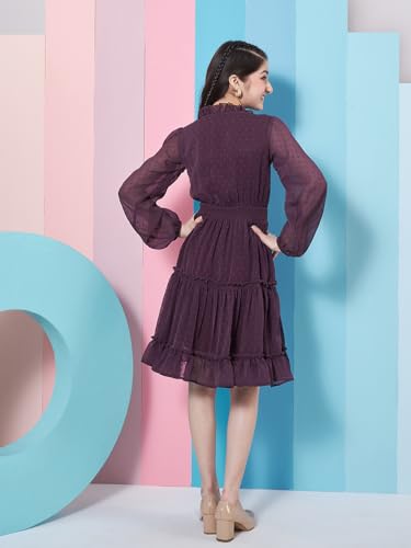 Pspeaches Girl's V-Neck Long Sleeves Chiffon Fit & Flare Dress Purple Color Casual Stylish Wear