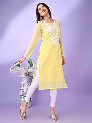 HESVI Women's Georgette White Lakhnavi Chikankari Kurti with Intricate Embroidery Work