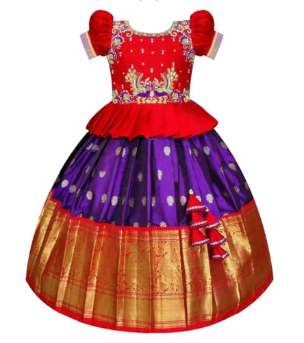 White Button Girls Jacquard New South Indian Traditional Pattu Pavadai Jecquard Readymade Lehenga Choli