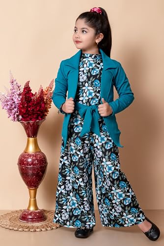 SPAMitude Girls Self Designed Premium Cotton Jacket Jumpsuit Dress | Floral Printed Jumpsuit Jacket Set for Birthday Girl
