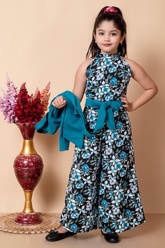 SPAMitude Girls Self Designed Premium Cotton Jacket Jumpsuit Dress | Floral Printed Jumpsuit Jacket Set for Birthday Girl