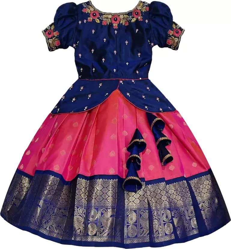 White Button Girls Polyester Blend New South Indian Traditional Pattu Pavadai Jecquard Readymade Lehenga Choli Dress