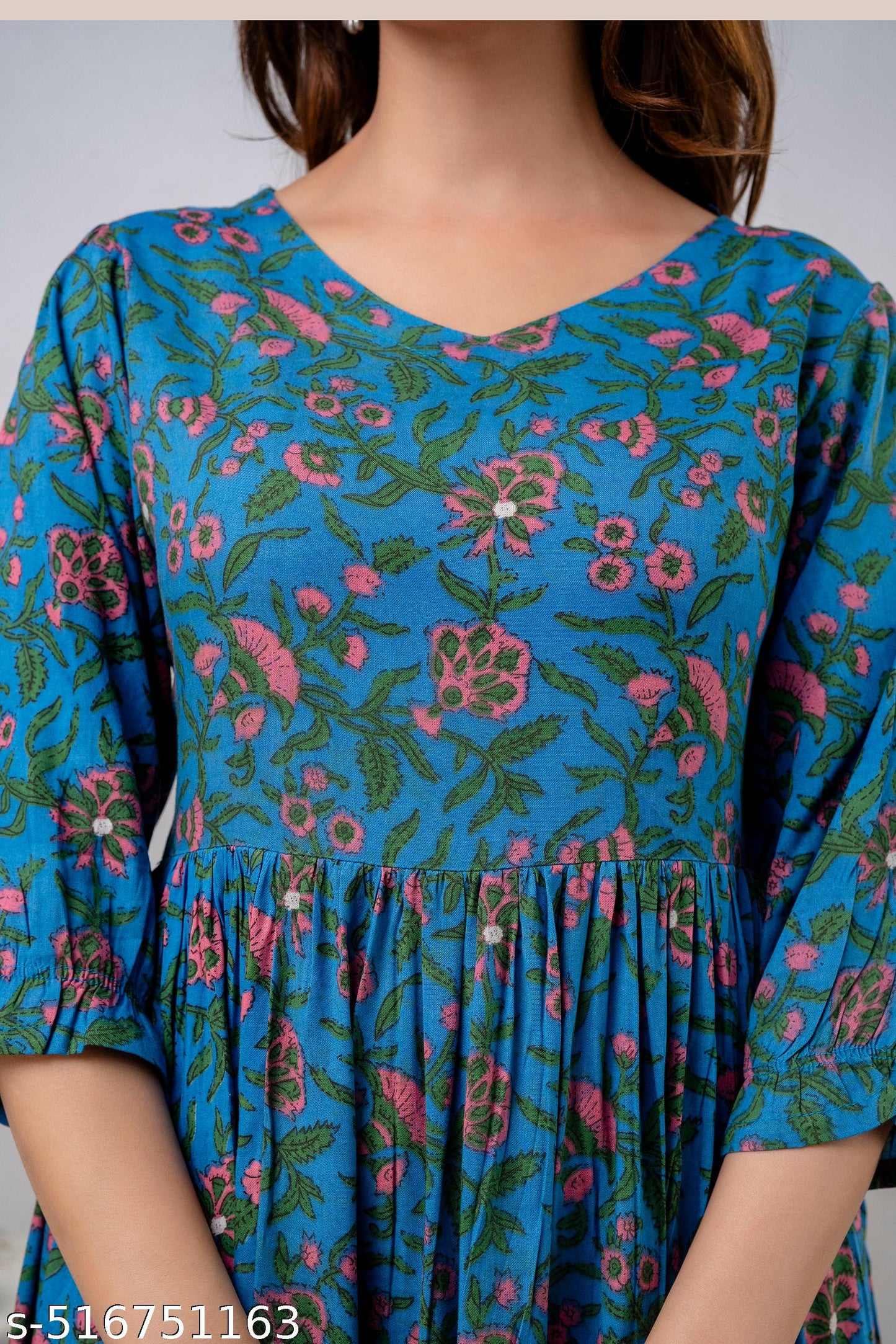 Cotton Floral Printed Puff Sleevless Long Anarkali Kurti/Kurta