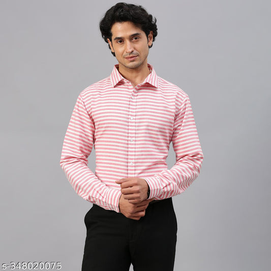 FTX Men's Horizontal Stripes Regular Spread Collar Pink Shirts