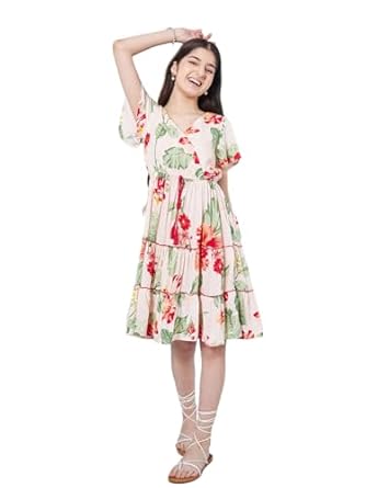Pspeaches Girl's Floral Printed Flared Sleeves Tiered Fit & Flare Dress Casual Wear Stylish & Trendy Choice