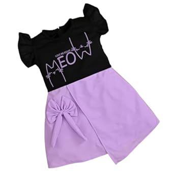 ER Fashion Casual Cotton Blend Meow Printed Knee Length Ruffle Short Sleeves Dress for Girls