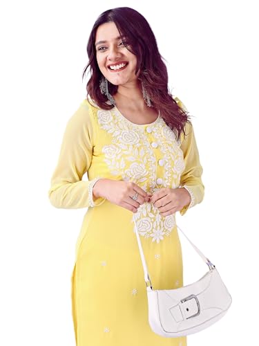 HESVI Women's Georgette White Lakhnavi Chikankari Kurti with Intricate Embroidery Work