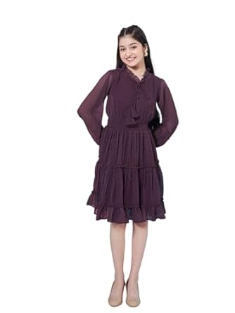 Pspeaches Girl's V-Neck Long Sleeves Chiffon Fit & Flare Dress Purple Color Casual Stylish Wear