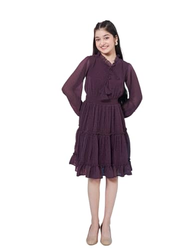 Pspeaches Girl's V-Neck Long Sleeves Chiffon Fit & Flare Dress Purple Color Casual Stylish Wear