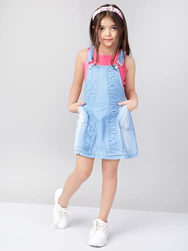 Naughty Ninos Girls Blue Solid Pinafore Denim Dress with T-Shirt for 2 to 12 Years
