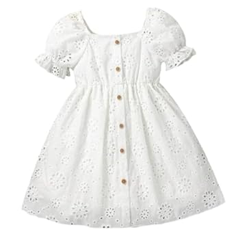Niren Enterprise Girls' White Cotton Eyelet Embroidered A-Line Dress with Puff Sleeves