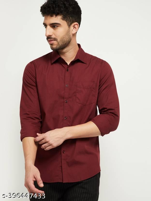 GLOREN Men Slim Fit Solid Spread Collar Casual Maroon Shirt