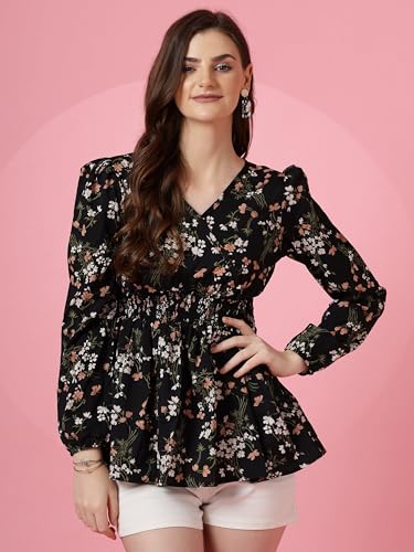 Sheetal Associates Women's Casual Puff Sleeves Floral Print Peplum Top