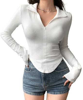 Istyle Can Women's Top Solid Color Long Sleeve Ribbed Asymmetric Hem Casual T-Shirt with Zipper Collar. Full Sleeve