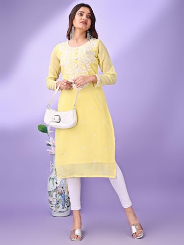 HESVI Women's Georgette White Lakhnavi Chikankari Kurti with Intricate Embroidery Work