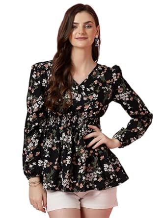 Sheetal Associates Women's Casual Puff Sleeves Floral Print Peplum Top