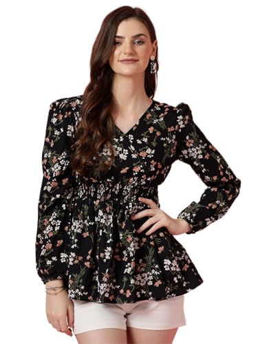 Sheetal Associates Women's Casual Puff Sleeves Floral Print Peplum Top