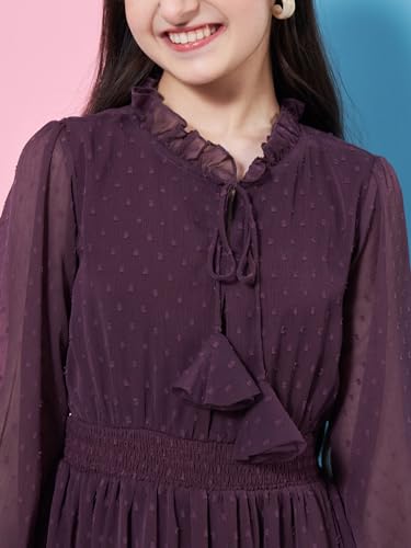 Pspeaches Girl's V-Neck Long Sleeves Chiffon Fit & Flare Dress Purple Color Casual Stylish Wear