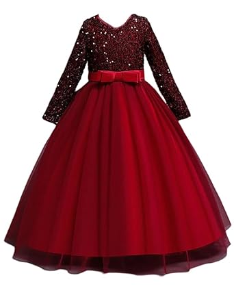 Niren Enterprise Elegant Emerald Girls' Long Sleeve Sequin Tulle Princess Gown - Perfect for Parties