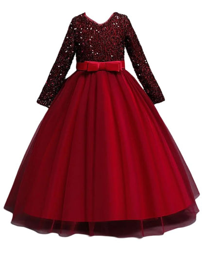 Niren Enterprise Elegant Emerald Girls' Long Sleeve Sequin Tulle Princess Gown - Perfect for Parties