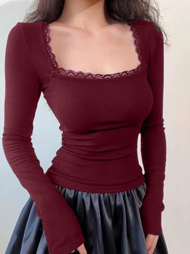 TIVANTE Solid Square Neck Lace Full Sleeve Regular Fit Casual Ribbed Tops for Women