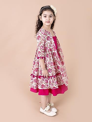 Pspeaches Girls Magenta Floral A-Line Cotton Below The Knee Dress with Attached Shrug