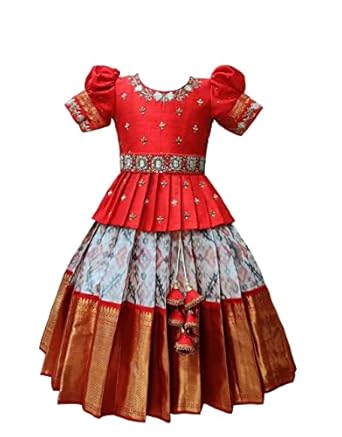 White Button Girls Polyester Blend New South Indian Traditional Pattu Pavadai Jecquard Readymade Lehenga Choli Dress