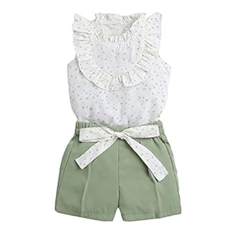 Hopscotch Girls Polyester Wing Sleeves Printed Top and Shorts Set in Green Color