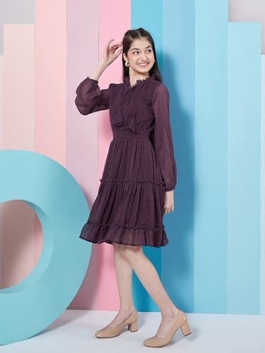 Pspeaches Girl's V-Neck Long Sleeves Chiffon Fit & Flare Dress Purple Color Casual Stylish Wear