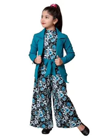 SPAMitude Girls Self Designed Premium Cotton Jacket Jumpsuit Dress | Floral Printed Jumpsuit Jacket Set for Birthday Girl