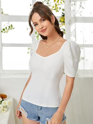 Dream Beauty Fashion Women's Sweet Heart Neck Puff/Balloon Bishop Sleeve Elegant Casual Tee Top