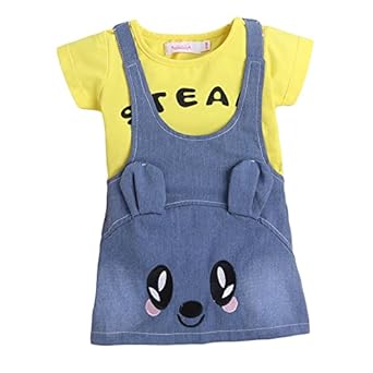 Hopscotch Girls Yellow Graphic Print T-Shirt and Dungaree Overall Set