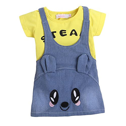 Hopscotch Girls Yellow Graphic Print T-Shirt and Dungaree Overall Set