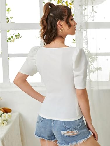 Dream Beauty Fashion Women's Sweet Heart Neck Puff/Balloon Bishop Sleeve Elegant Casual Tee Top