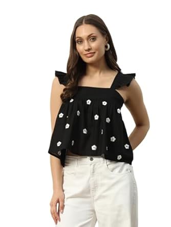 FIORRA Women's Cotton Regular Fit Crop Top with Embroidery Detail and Solid Pattern