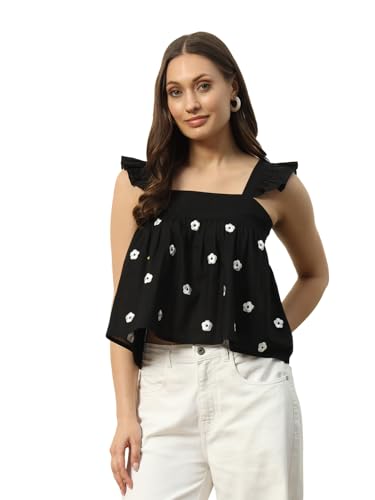 FIORRA Women's Cotton Regular Fit Crop Top with Embroidery Detail and Solid Pattern