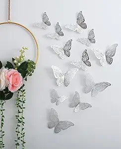 Indian Royals Silver Butterfly Self Adhesive Living Room Bedroom Kitchen Decor Wall Sticker (Set of 12