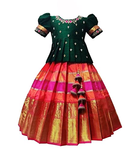 White Button Girls Polyester Blend New South Indian Traditional Pattu Pavadai Jecquard Readymade Lehenga Choli Dress