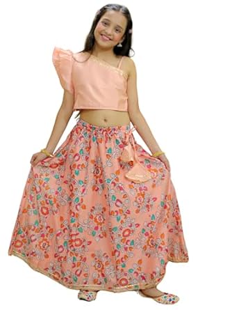 BownBee Girls Chanderi Floral Print Choli with Lehenga