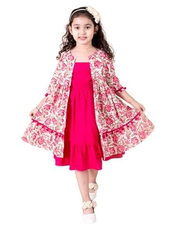 Pspeaches Girls Magenta Floral A-Line Cotton Below The Knee Dress with Attached Shrug