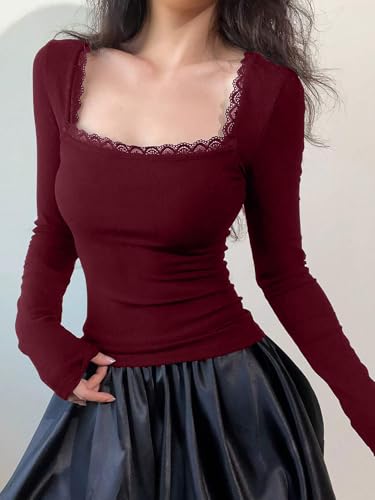 TIVANTE Solid Square Neck Lace Full Sleeve Regular Fit Casual Ribbed Tops for Women