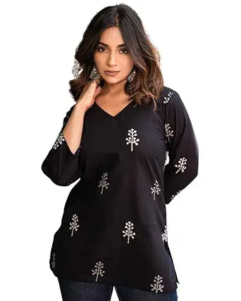 Kashis CreationsFloral Print Rayon Kurta for Women | Regular Fit Top | Stylish Top for Girls | Top for Office | Kurti for Women | Black | 1083