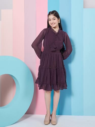 Pspeaches Girl's V-Neck Long Sleeves Chiffon Fit & Flare Dress Purple Color Casual Stylish Wear
