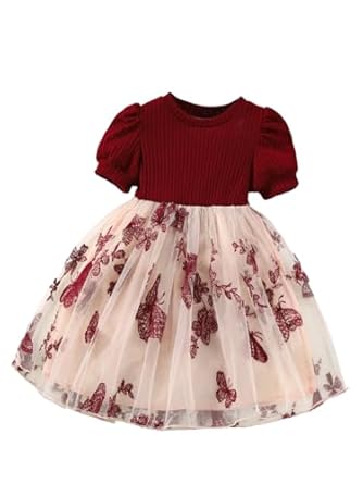 TAGAS Girls Embroidery Pattern Cap Sleeve Dress | Girls Dress | Party Dress for Girls | Fancy Dress Black||Dress||Frock||(KD)