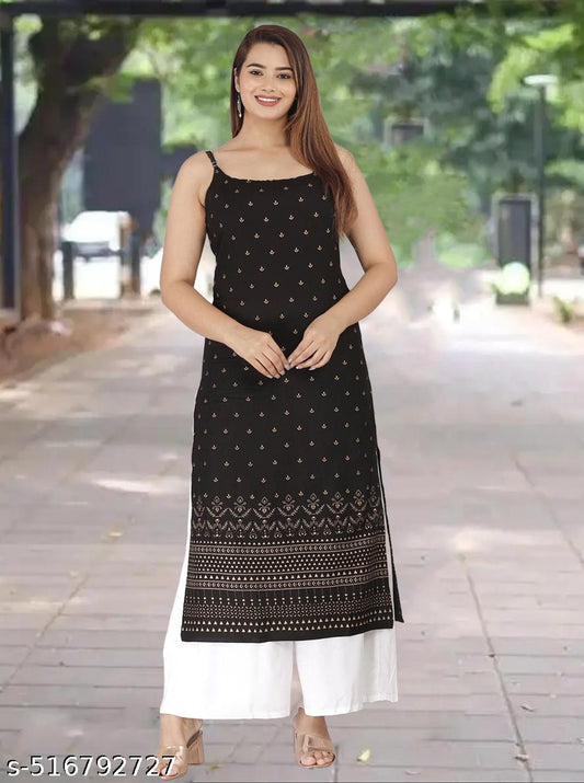 Women's Deep Black Floral Print Sleevless Strap Kurta